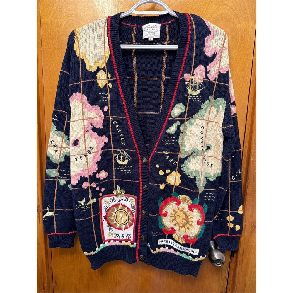VTG 90S Susan BristolWorld Map Cardigan sweater L Dark Academia teacher Core